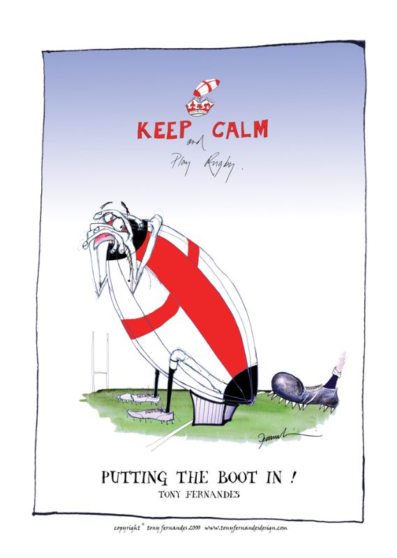 Putting the Boot In by Tony Fernandes - England Test Rugby Cartoon signed print
